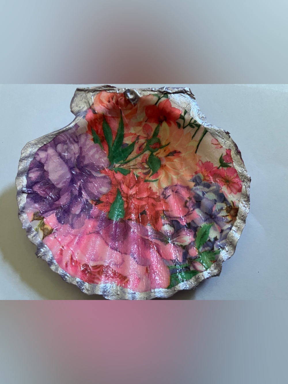 Handcrafted Floral Purple Shell Dish Decoupage 4-5inch